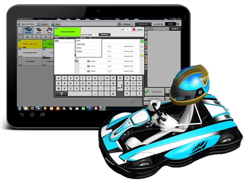 Fully manage your rental karting center thanks to Apex Timing software solution. Sales management, go-kart timing, kart maintenance, go-kart track safety, display of results, everything is included in the software.